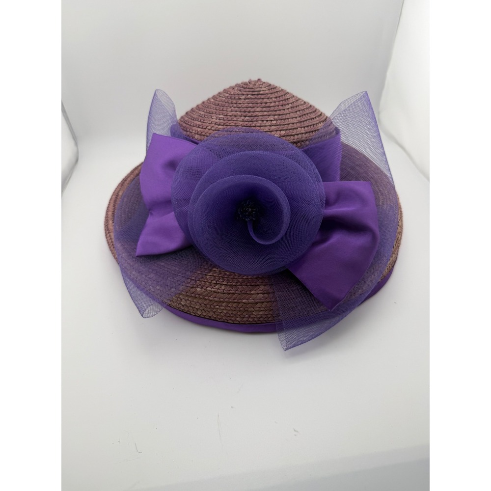 Vintage Purple Straw Cloche Hat Satin Bow Tulle Flower Tea Party Church Wedding